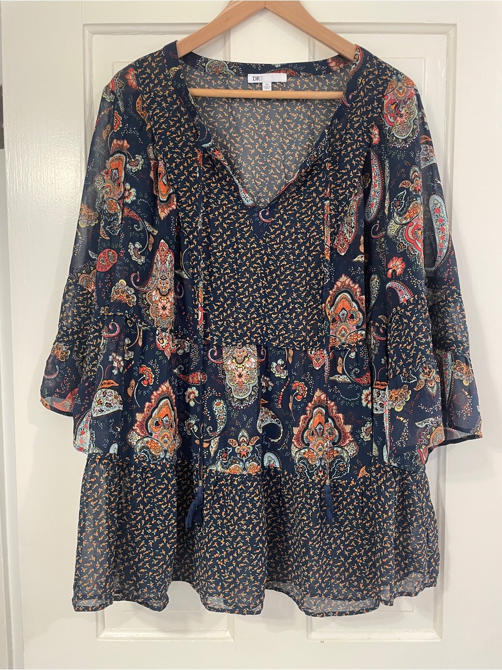 DR2 Navy Paisley V-Neck Tiered Tunic